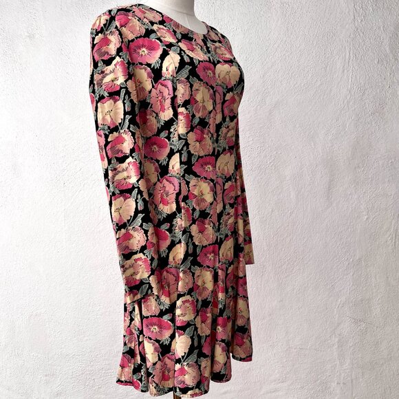 Vintage 90s Ashley Brooke Long Sleeve Floral Rayon Swing Dress VTG 10 / Modern 6 - Picture 5 of 15